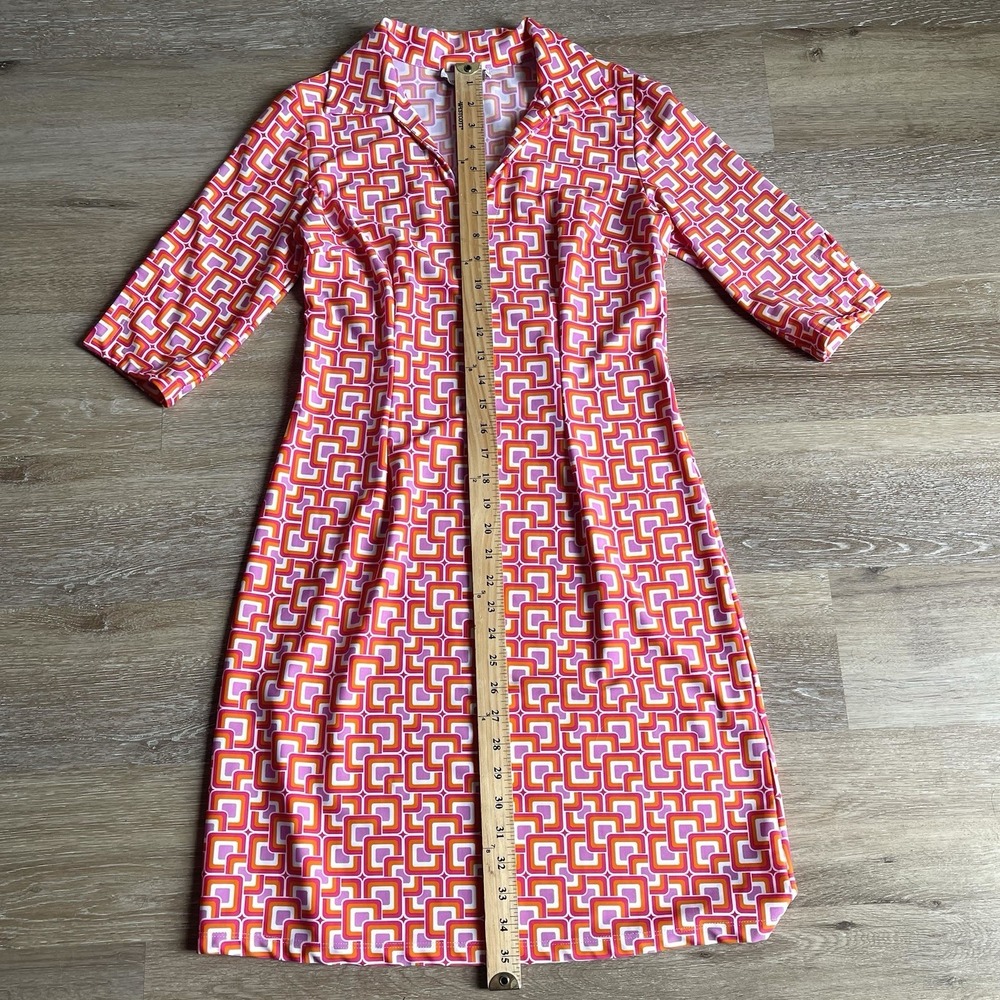 Jude Connally Geometric Print Dress Small Orange Collar V-Neck Knee Length Scuba - Picture 4 of 10